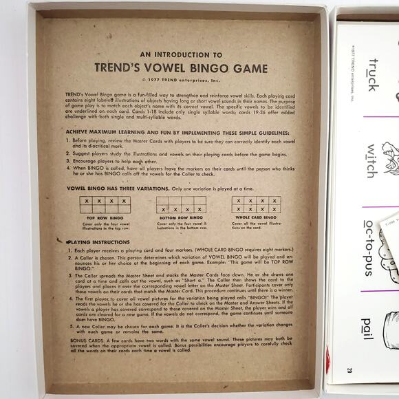 Vtg Vowel Bingo Board Game Boxed Set Phonics Game w Illustrated Word Cards 1977 - Picture 3 of 14